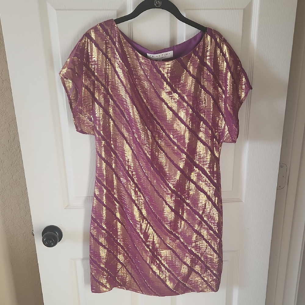 Trina Turk Dramatic Vibrant Purple and Gold Striped Mini Dress, Sz 2